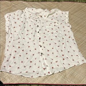 🍄 White Button-Up Sleeveless Shirt with Mushroom Pattern XXL (19)